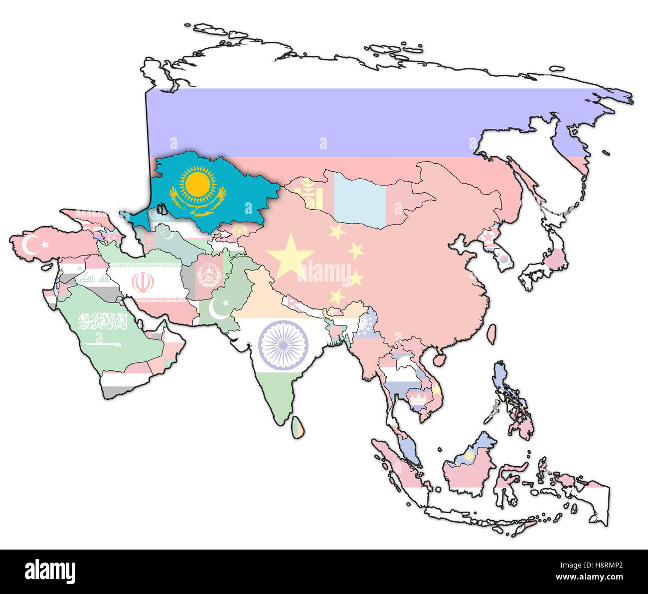 Vecchia mappa politica dell'Asia con la bandiera del Kazakistan Foto Stock