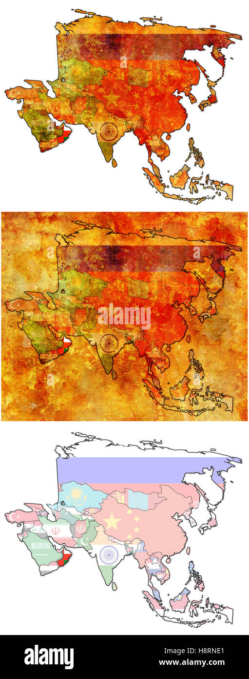 Vecchia mappa politica del continente asiatico con bandiera di Oman Foto Stock