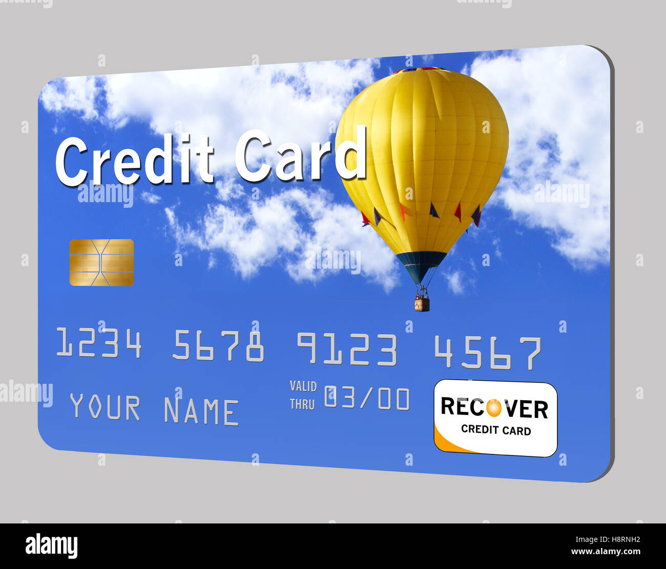 Carta di credito, generico con viaggi, tema di avventura di una mongolfiera in volo su un cielo blu. Foto Stock