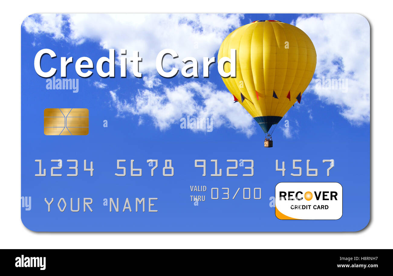 Carta di credito, generico con viaggi, tema di avventura di una mongolfiera in volo su un cielo blu. Foto Stock