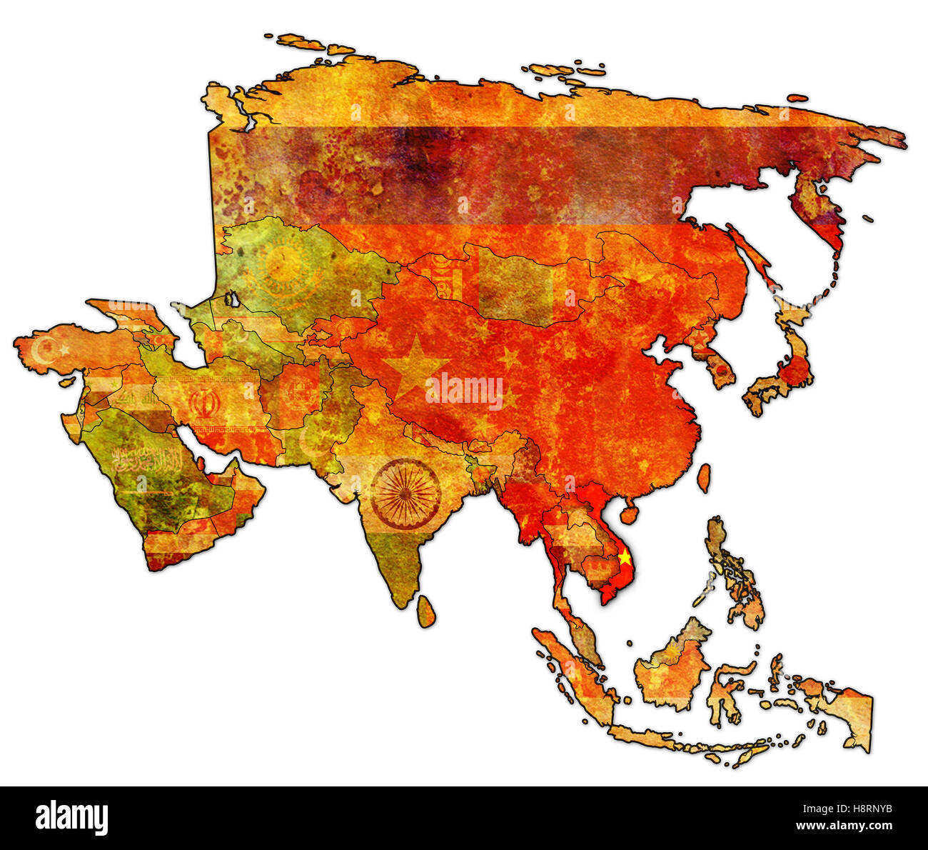 Vecchia mappa politica dell'Asia con la bandiera del Vietnam Foto Stock