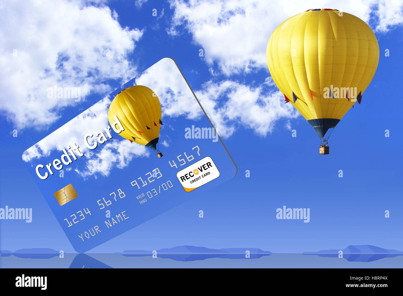 Carta di credito con i palloni ad aria calda per mostrare travel, premi miglia Foto Stock