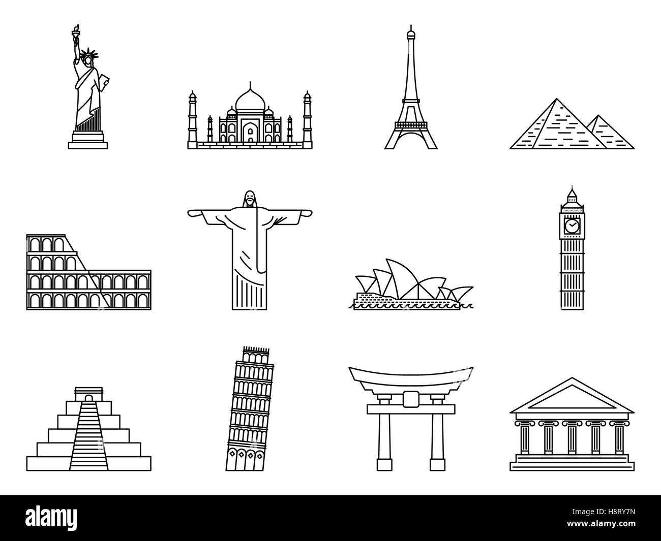 Punto di riferimento set di icone. Statua della Libertà, Pisa, la torre Eiffel e il Big Ben, il Taj Mahal, a Cristo Redentore, Opera House, piramide, Colosseo Illustrazione Vettoriale