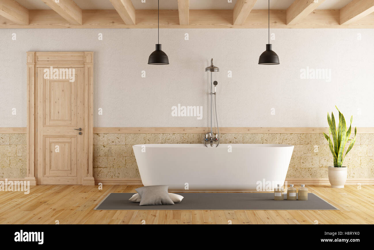 Bagno in stile rustico con la moderna vasca da bagno - 3d rendering Foto Stock