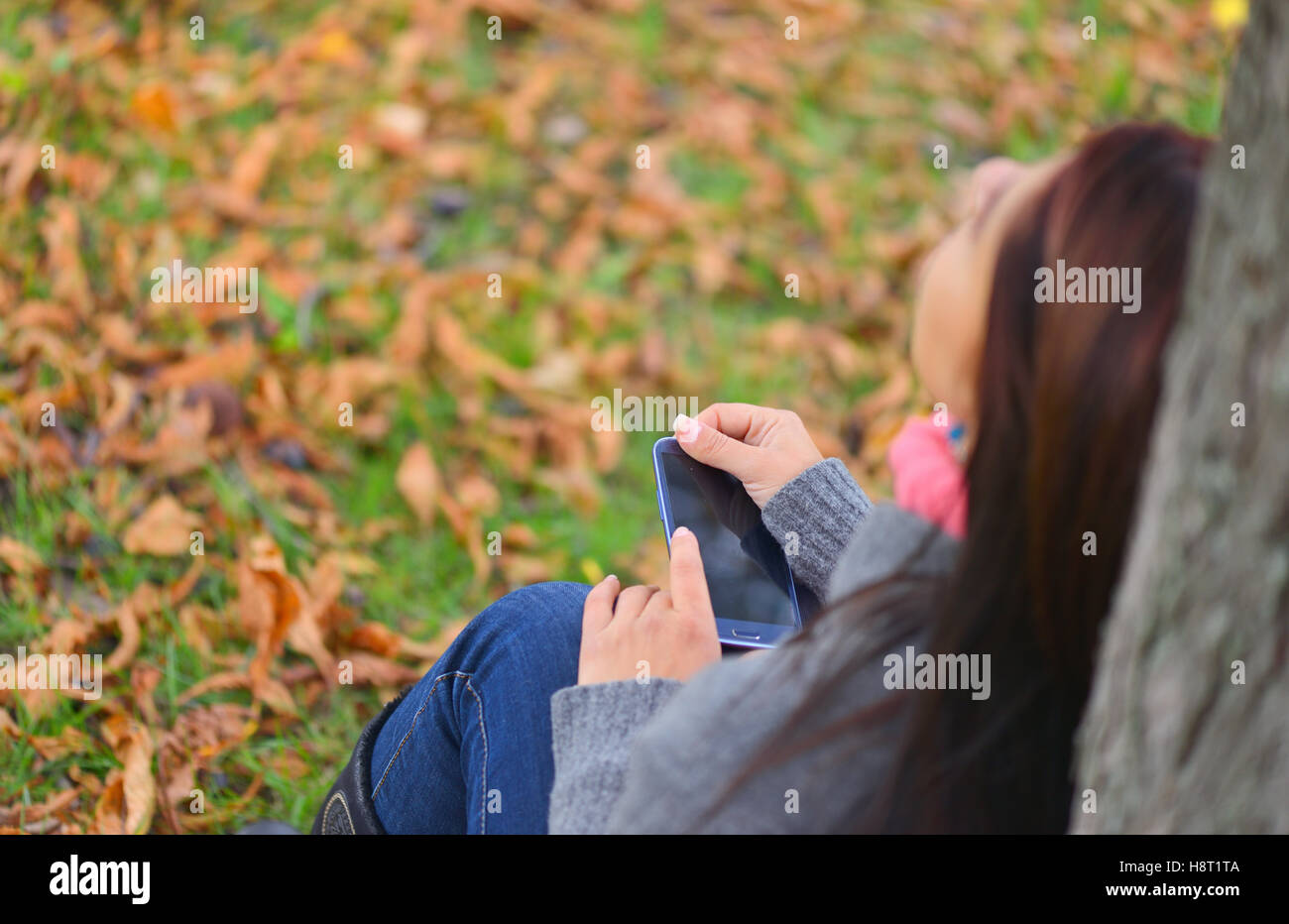 Bella ragazza messaging con telefono in autunno park Foto Stock