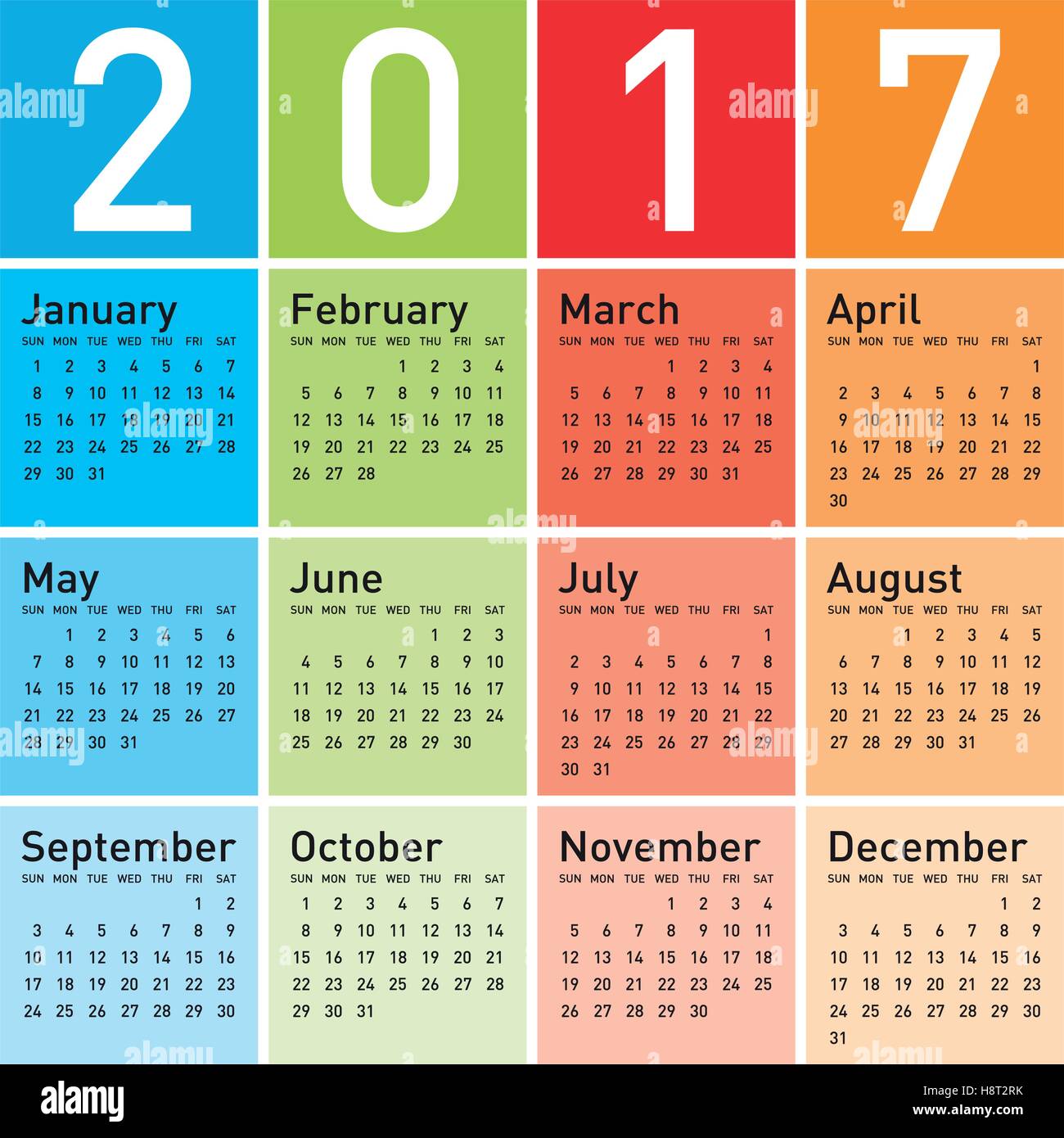 Calendario colorate per l'anno 2017, in formato vettoriale. Illustrazione Vettoriale