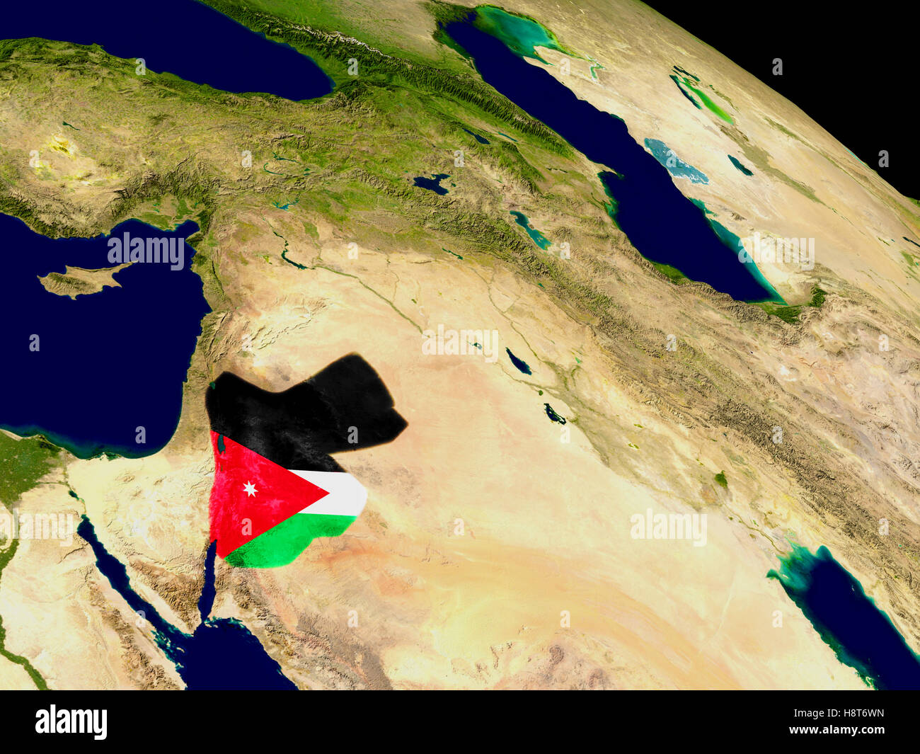 Mappa di Giordania con embedded bandiera sul pianeta superficie. 3D'illustrazione. Gli elementi di questa immagine fornita dalla NASA. Foto Stock