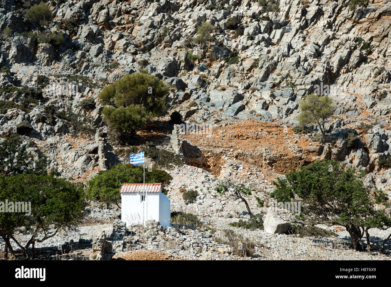 Griechenland, Kreta, Halbinsel Rodopou (Rodopos), Menies, Kapelle in der Bucht bei der Ausgrabung von Diktinna Foto Stock