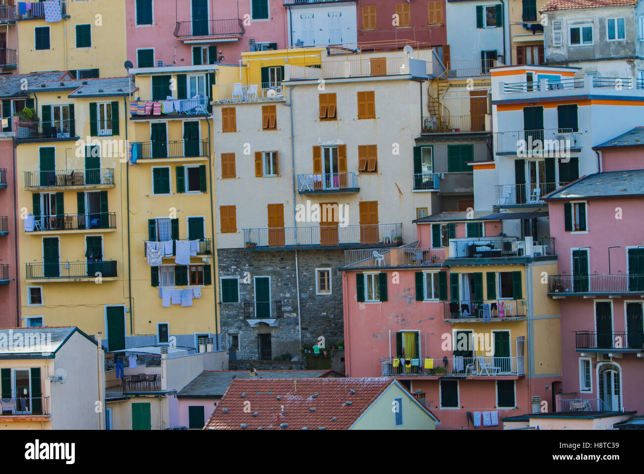 Tradizionale italiano di colorate case, Manarola, Cinque Terre, Italia Foto Stock