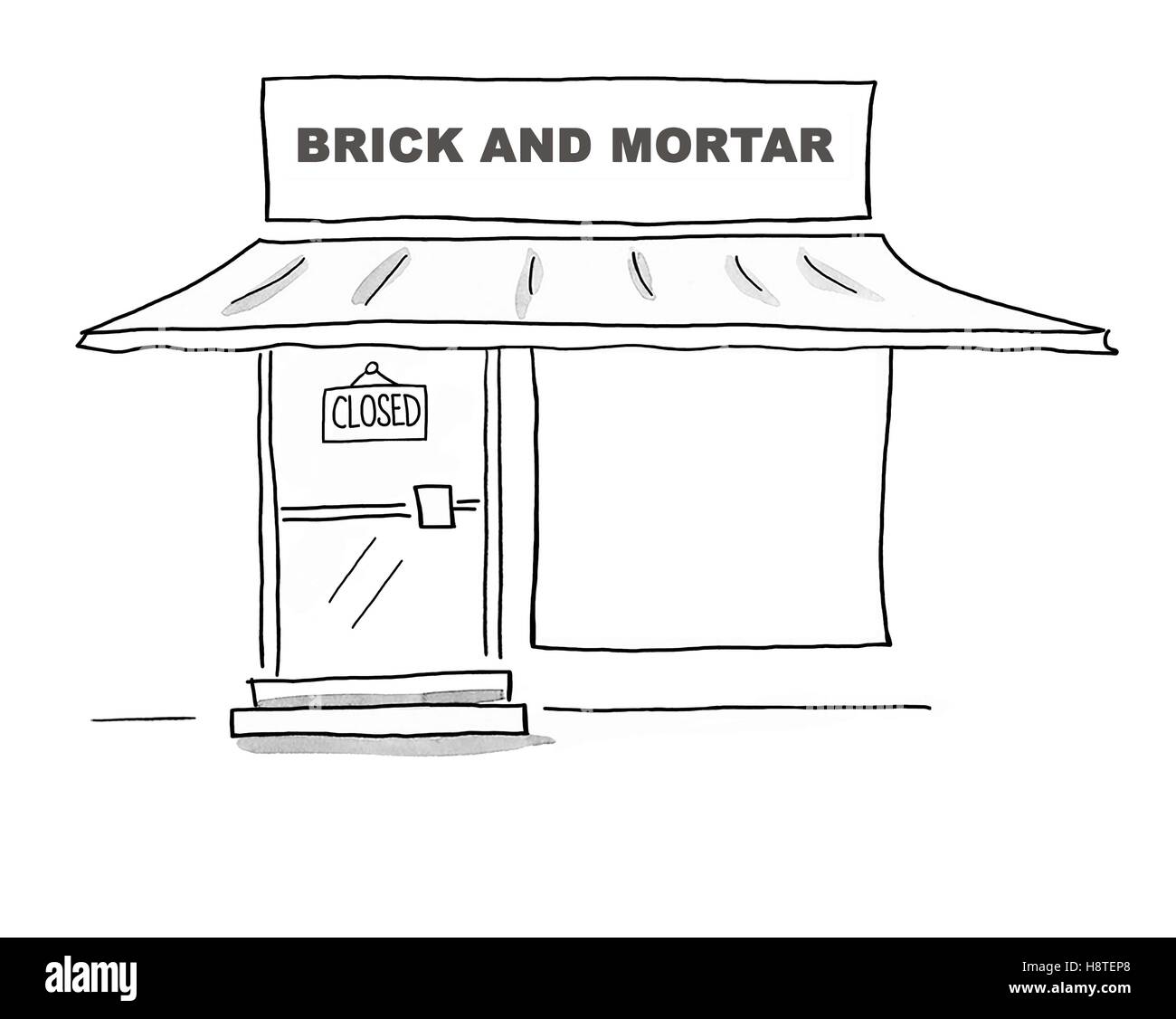 Bianco e nero illustrazione business circa una chiusa di mattoni e malta negozio. Foto Stock