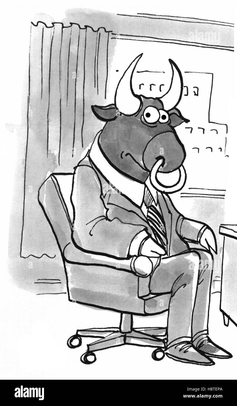 Bianco e nero business illustrazione di un toro che indossa una tuta di business. Foto Stock