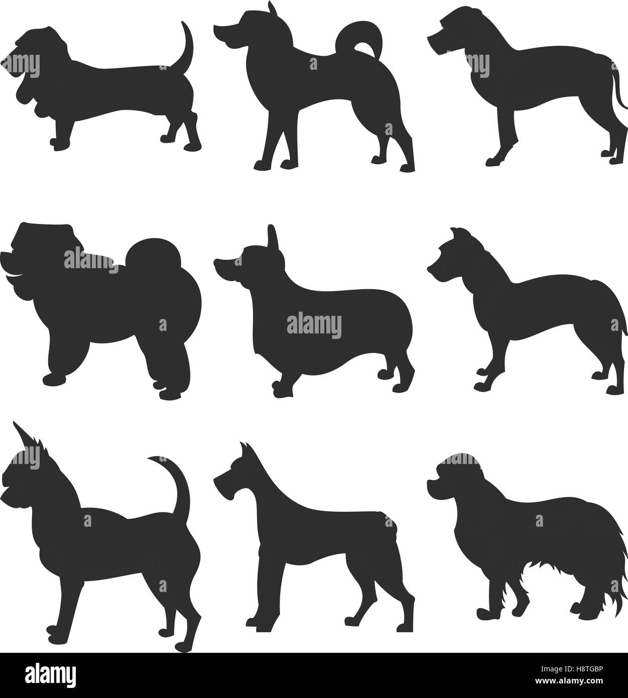 Silhouette di cane. 8 EPS vettoriali, raggruppate per operazioni di editing semplici. Non aprire forme o tracciati. Razze di cani, veterinari, cane a camminare, pet sitti Illustrazione Vettoriale