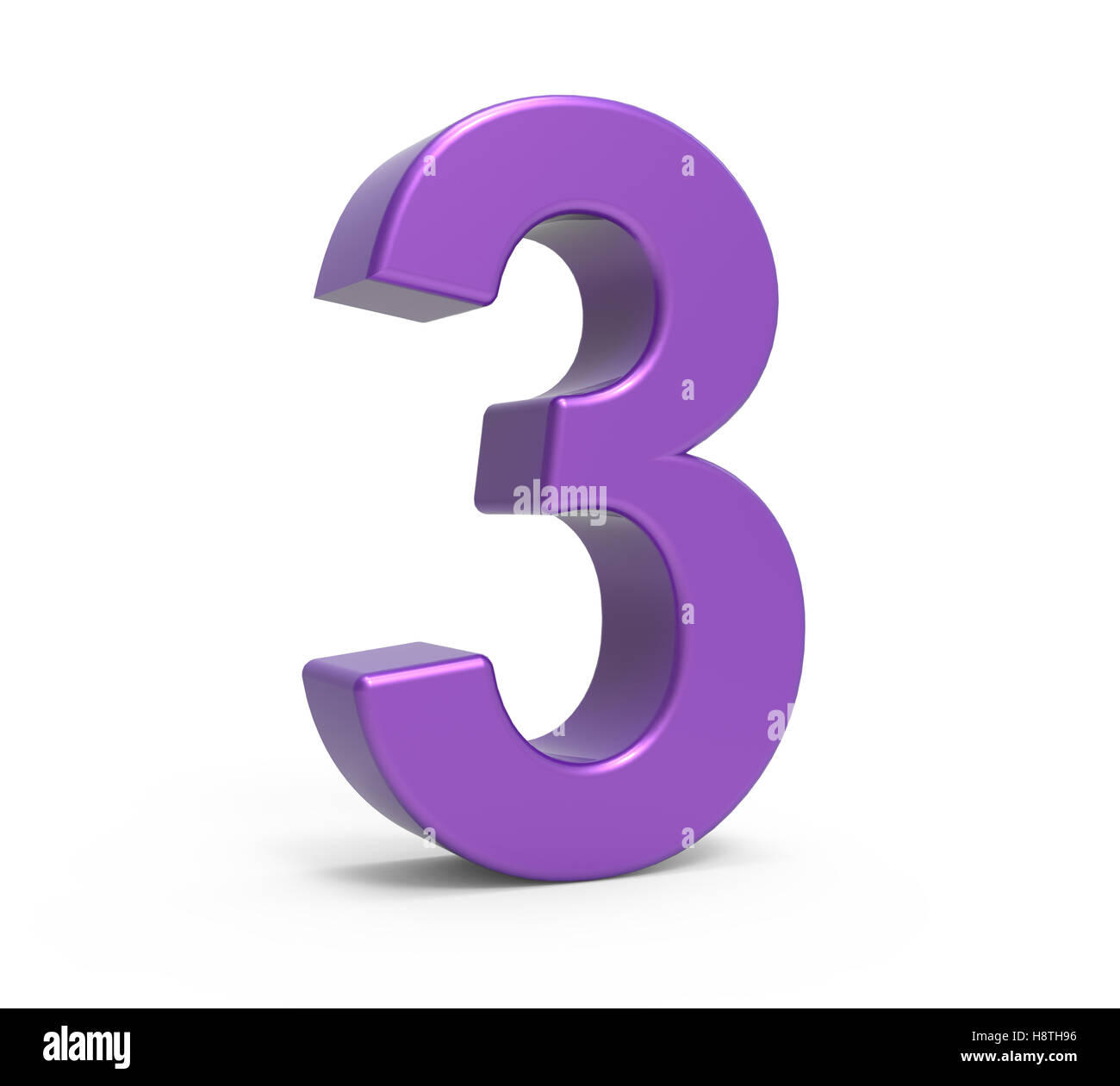 Inclinazione sinistra 3d rendering viola numero 3 isolato sfondo bianco Foto Stock