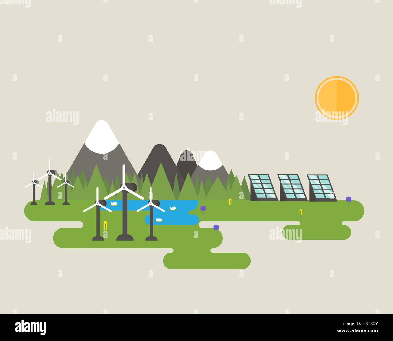 Appartamento di design di vettore di energia verde sistemi come pannelli solari e turbine eoliche vicino alle montagne, laghi e foreste. Illustrazione Vettoriale