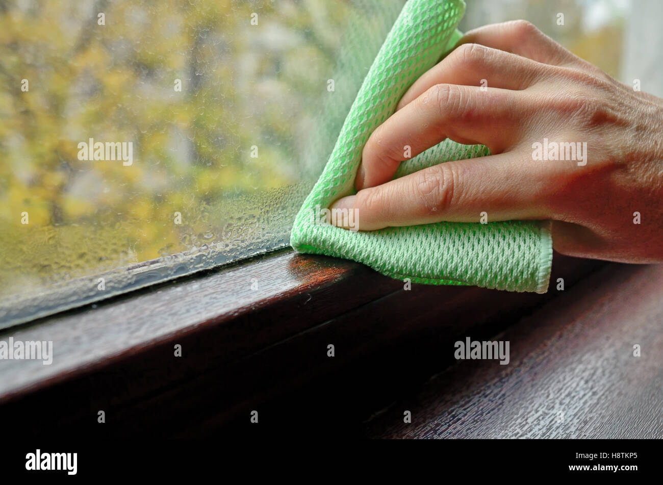 Donna di pulizia la condensazione di acqua sulla finestra Foto Stock