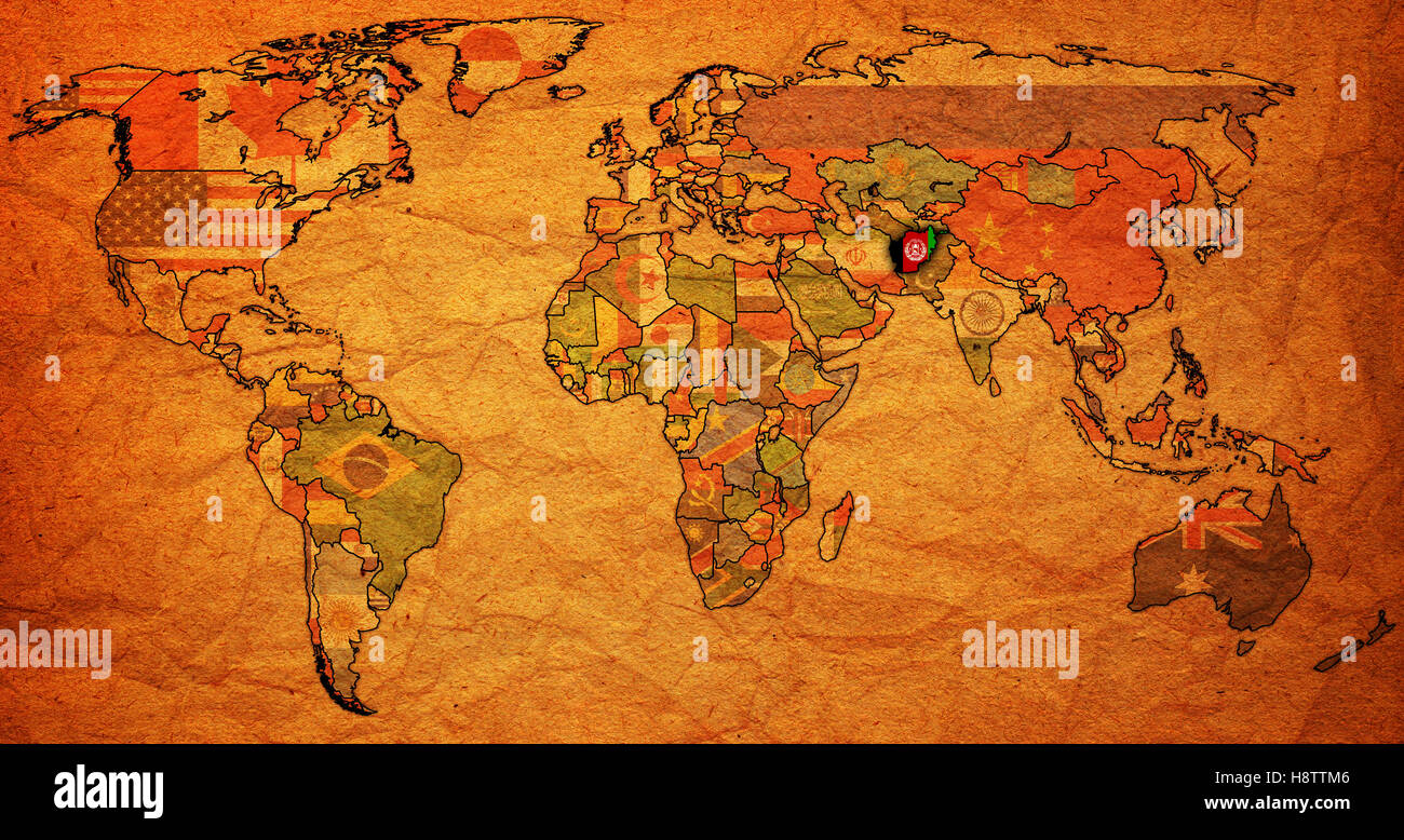 Vecchia mappa politica del mondo con la bandiera dell'AFGHANISTAN Foto Stock