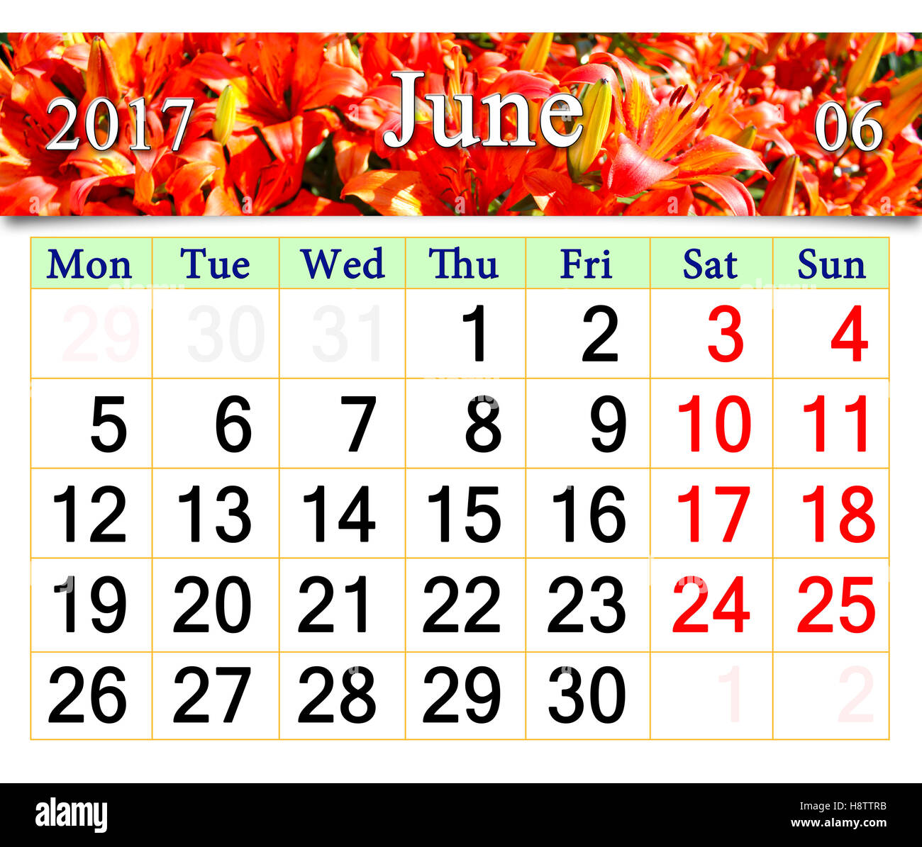 Calendario per il mese di giugno 2017 con immagine di gigli rossi Foto Stock