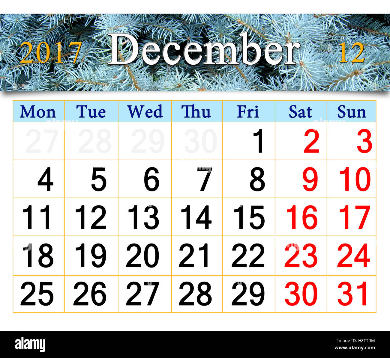 Calendario per il mese di dicembre 2017 con foto di evergreen abete Foto Stock