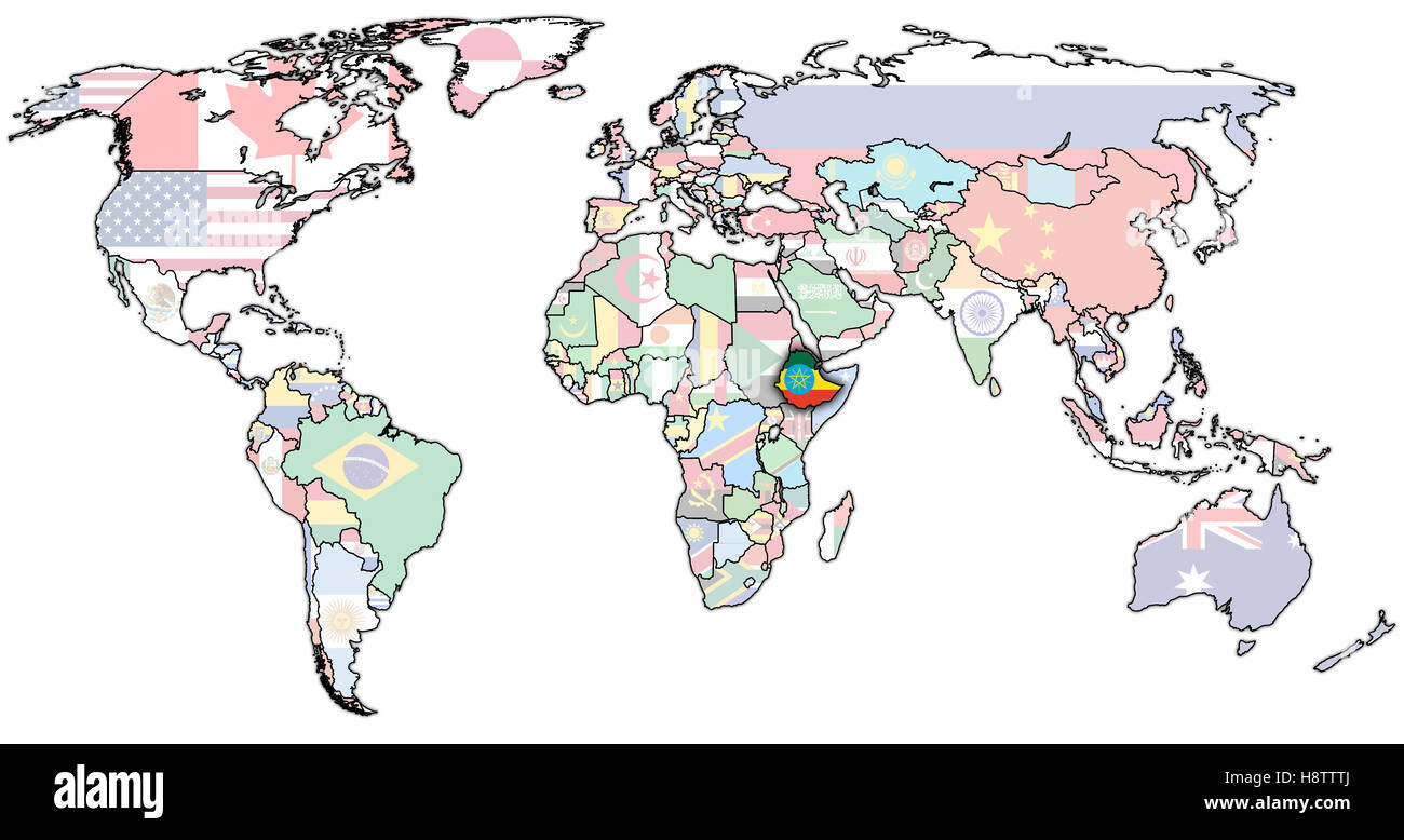 Vecchia mappa politica del mondo con bandiera di Etiopia Foto Stock