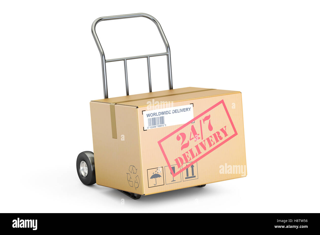 24/7 concetto di consegna. Scatola di cartone sul lato carrello, 3D rendering isolati su sfondo bianco Foto Stock