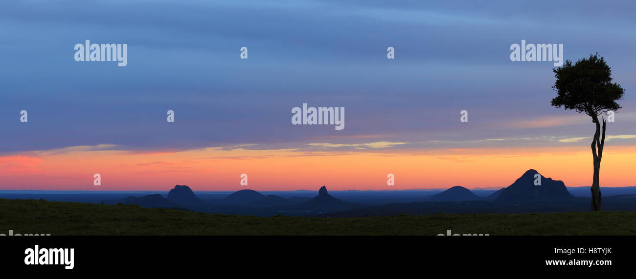 Un panorama al tramonto sulla spettacolare Casa di vetro montagne, visto dal Maleny sulla Costa del Sole, Queensland, Australia. Foto Stock