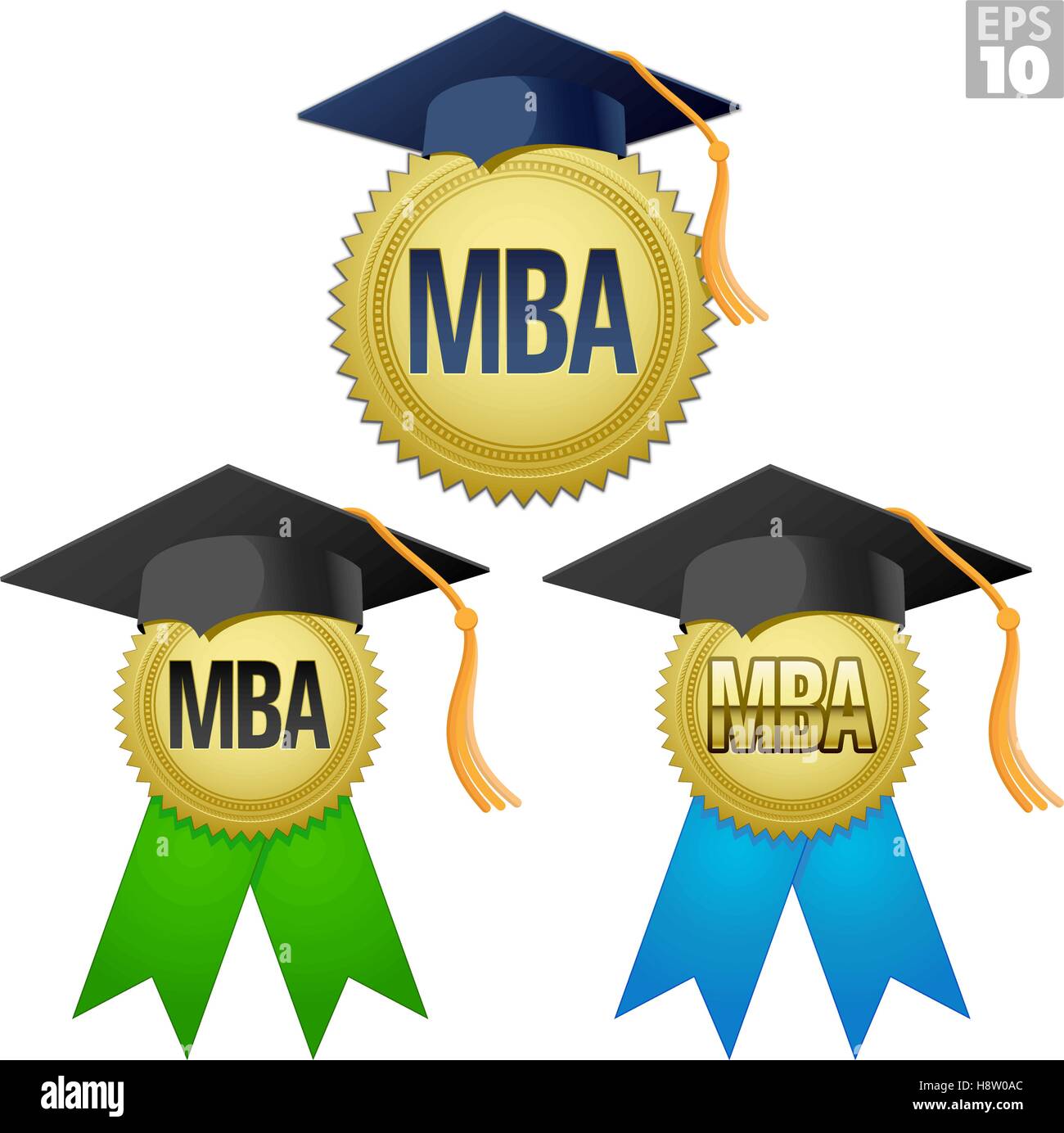 Laurea MBA guarnizione, medaglia con sigillo in oro, nastro e tappo di graduazione Illustrazione Vettoriale