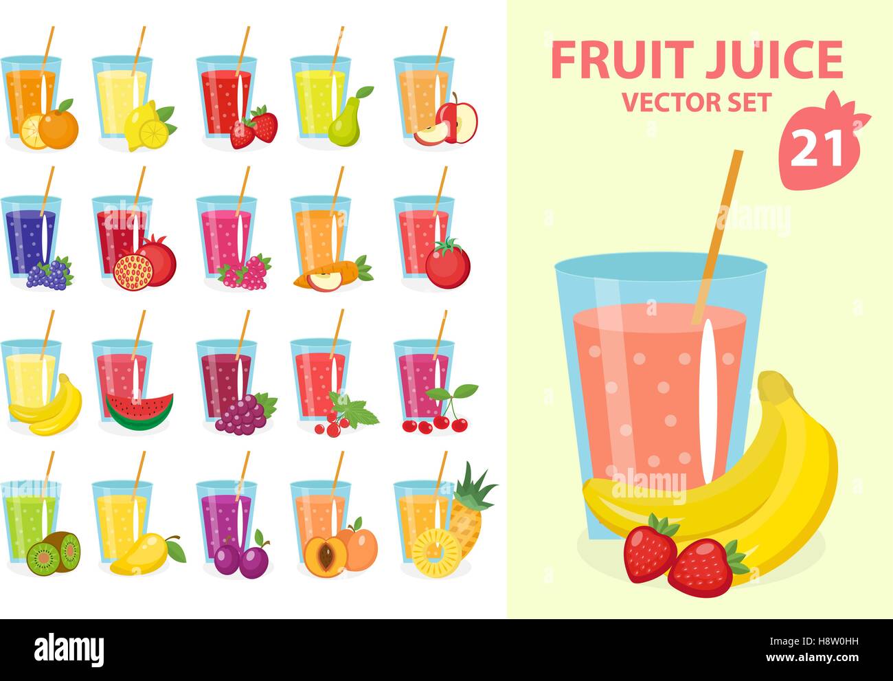 Succhi di frutta in vetro, illustrazione vettoriale set. Succhi di frutta freschi e la relativa icona. Bevande, isolato su uno sfondo bianco. Modello per la cottura, il menu del ristorante e il cibo vegetariano. Illustrazione Vettoriale