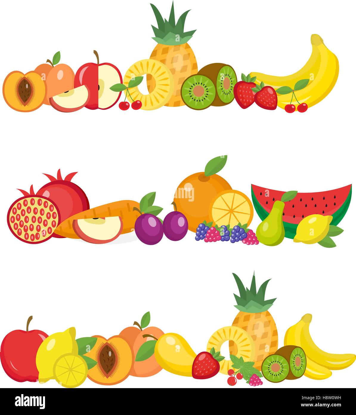 Frutti banner set. e bacche poster orizzontale. modello di raccolta per il menu del ristorante, il cibo vegetariano, dieta . Illustratio vettore Illustrazione Vettoriale