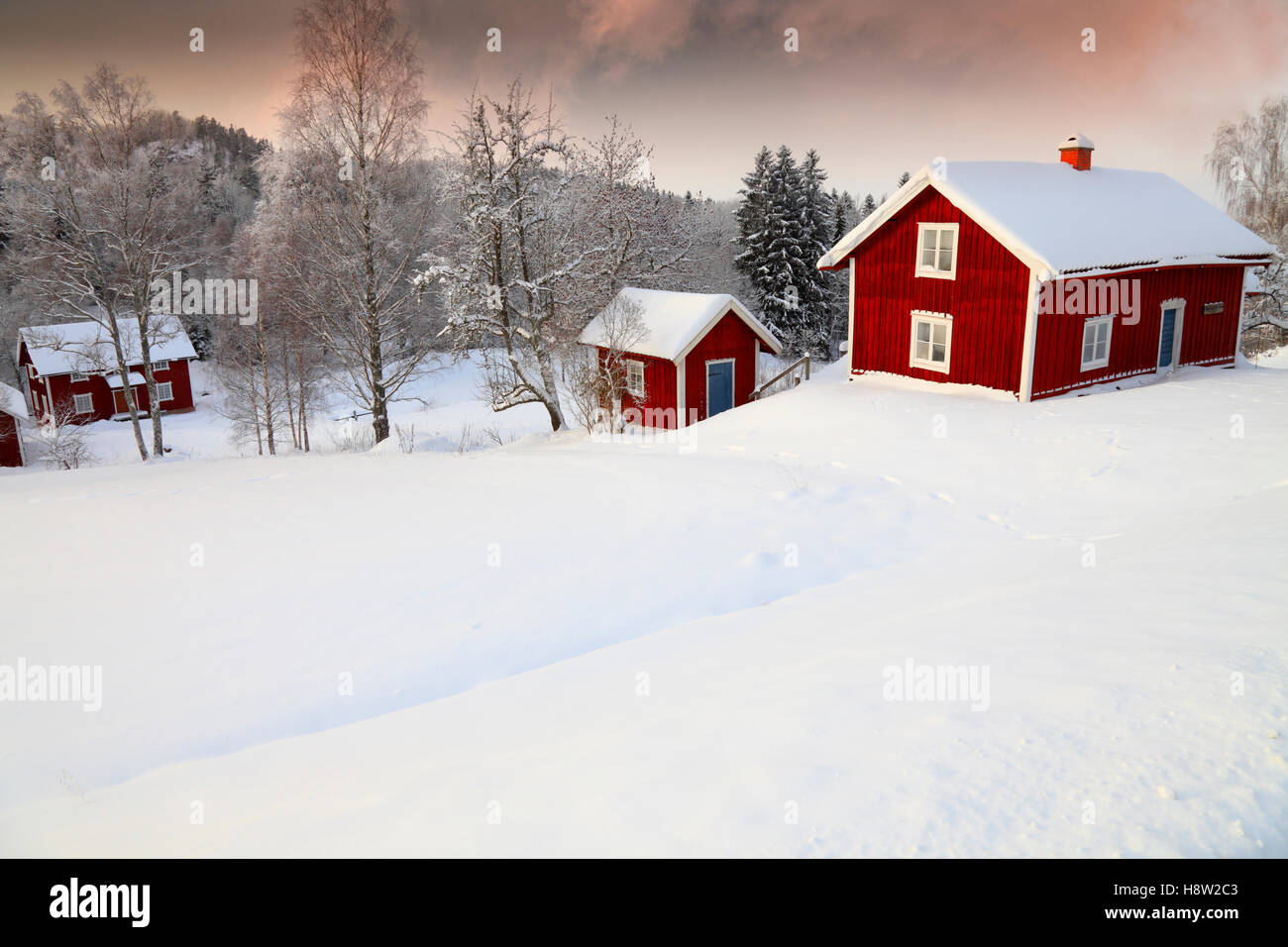 Vecchio cottage circondati da un innevato paesaggio invernale in zone rurali della Svezia Foto Stock