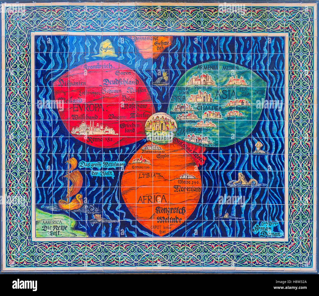 La replica del trifoglio medievale mappa da H. Bunting - Gerusalemme nel centro di tre foglie - continenti del mondo Foto Stock