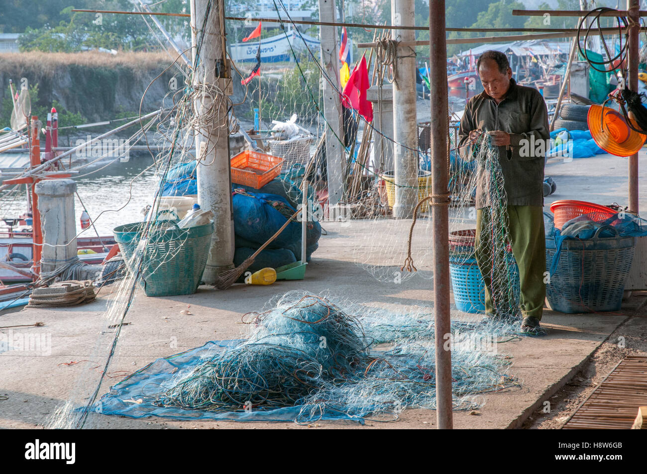 Uomo tailandese raccoglie delle catture di frutti di mare dalla rete da pesca in un villaggio a sud di Hua Hin Foto Stock