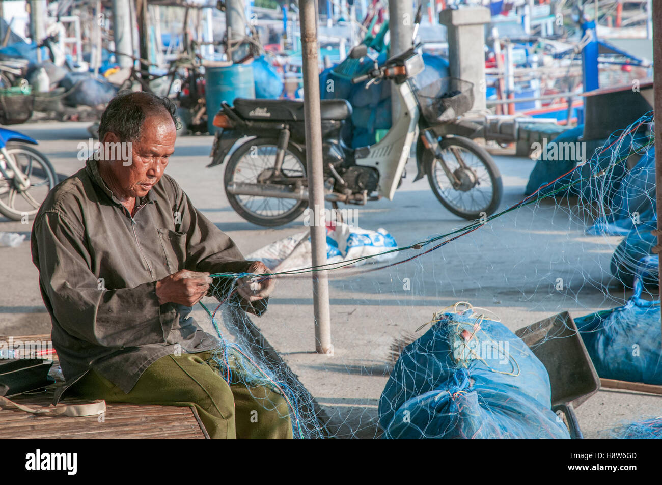 Uomo tailandese raccoglie delle catture di frutti di mare dalla rete da pesca in un villaggio a sud di Hua Hin Foto Stock