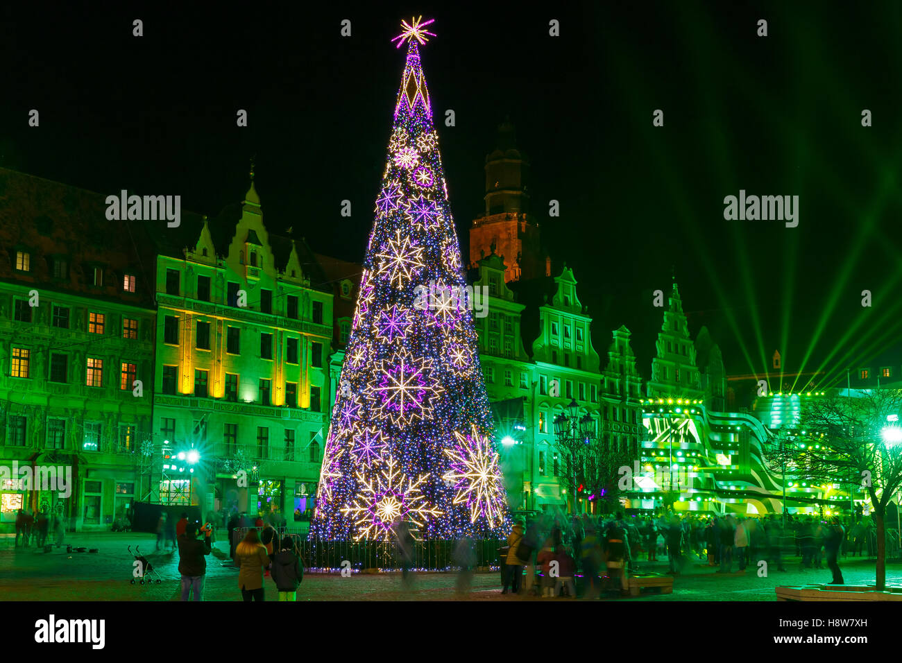 La luce laser show sulla piazza del mercato, Wroclaw, Polonia Foto Stock