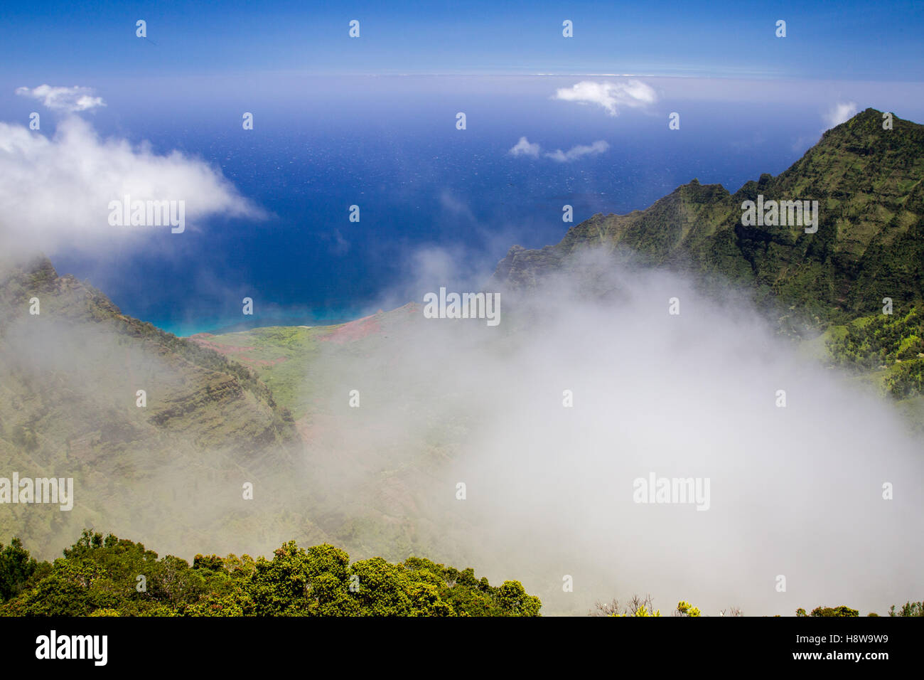 Vista dalla Kalalau Lookout in Kokee State Park in Valle Kalalau presso la costa di Na Pali in Kauai, Hawaii, Stati Uniti d'America. Foto Stock