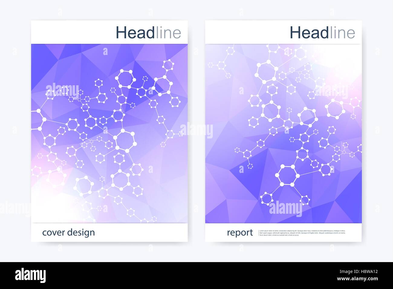 Brochure scientifico modello di disegno. Vettore formato flyer. Esagonale a struttura di molecola di DNA collegato con linee e punti. Scientific colorato disegno poligonale per la rivista, il foglietto, coperchio, poster. Illustrazione Vettoriale