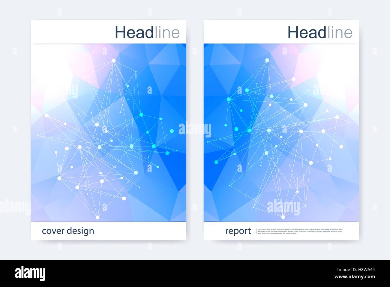 Brochure scientifico modello di disegno. Vettore formato flyer, struttura molecolare di DNA collegato con linee e punti. Scientific colorato disegno poligonale per la rivista, il foglietto, coperchio, poster design. Illustrazione Vettoriale