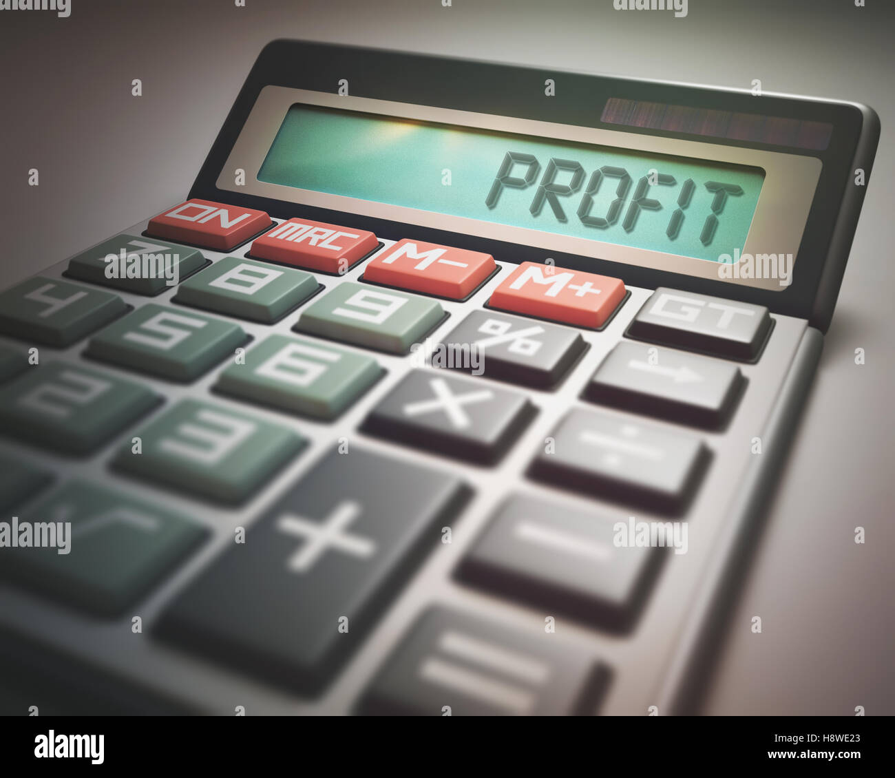 Calcolatrice solare con la parola profitto sul display. 3D'illustrazione, il concetto di immagine di business e finanza. Foto Stock