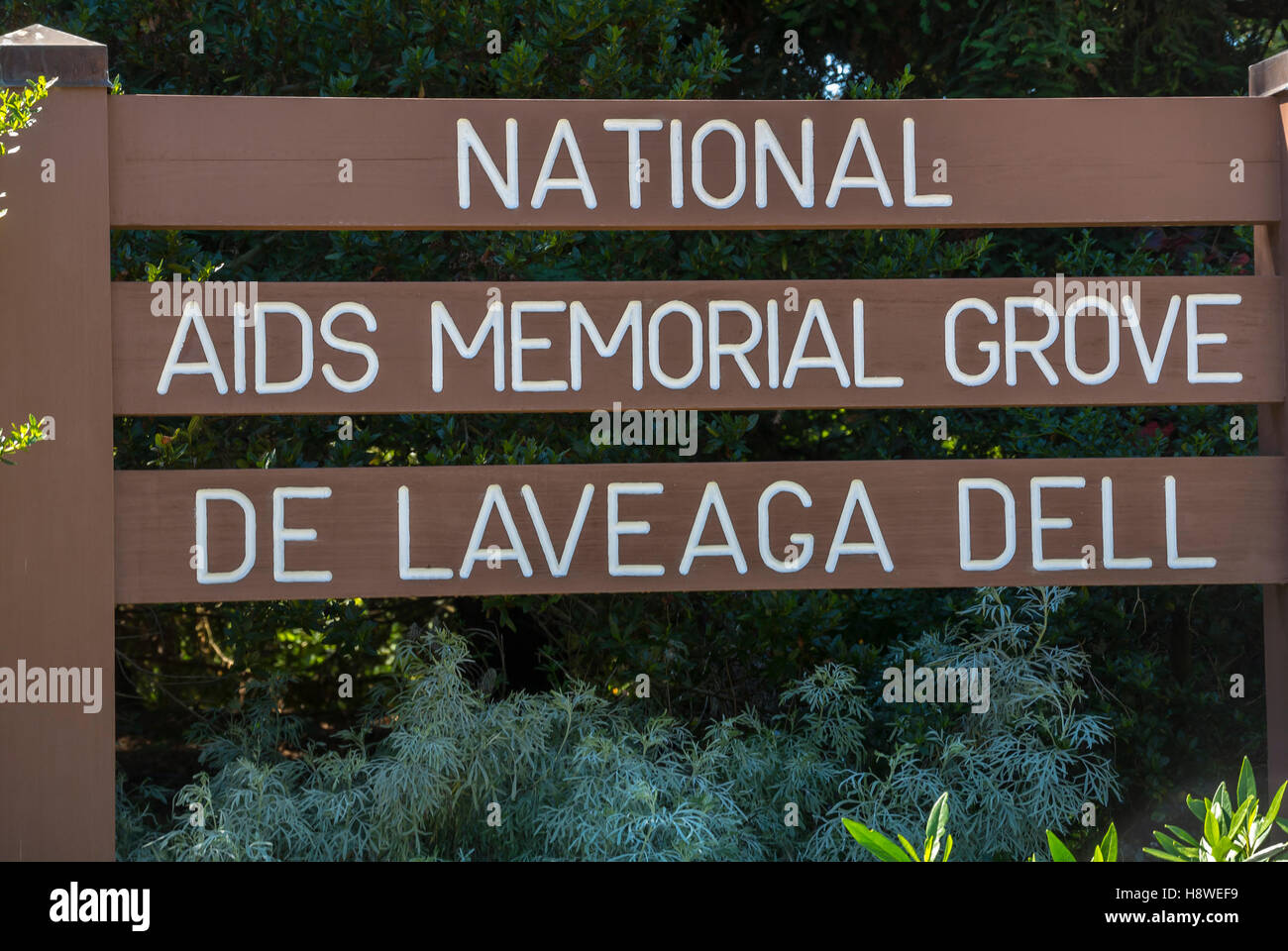 San Francisco, CALIFORNIA, Stati Uniti, cartello con i dettagli, ingresso al Golden Gate Park, National AIDS Memorial Grove de Laveaga Dell, epidemia e peste Foto Stock