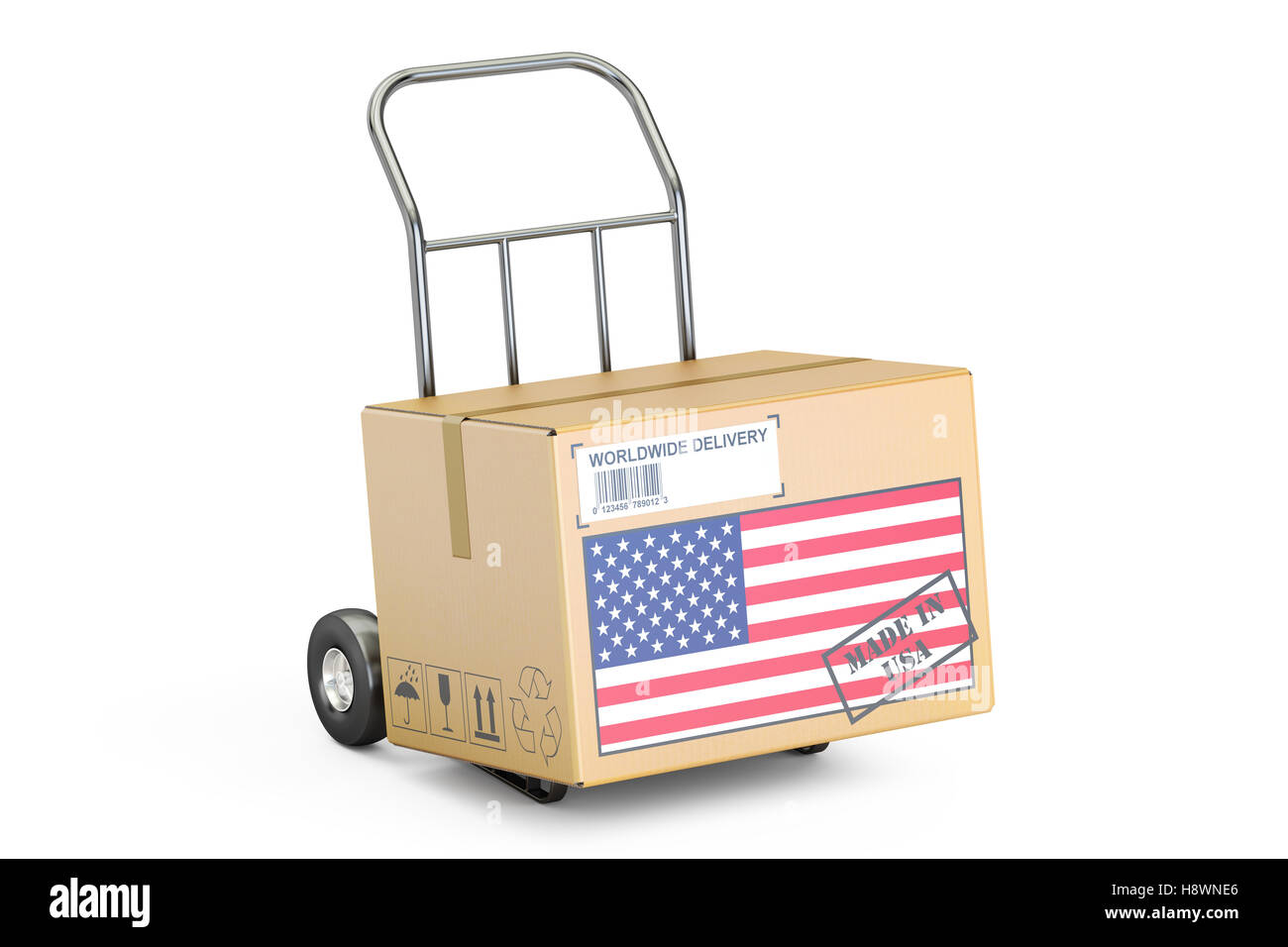 Made in USA concetto. Scatola di cartone sul lato carrello, 3D rendering isolati su sfondo bianco Foto Stock Made in USA concetto. Scatola di cartone sul lato carrello, 3D rendering isolati su sfondo bianco Foto Stock