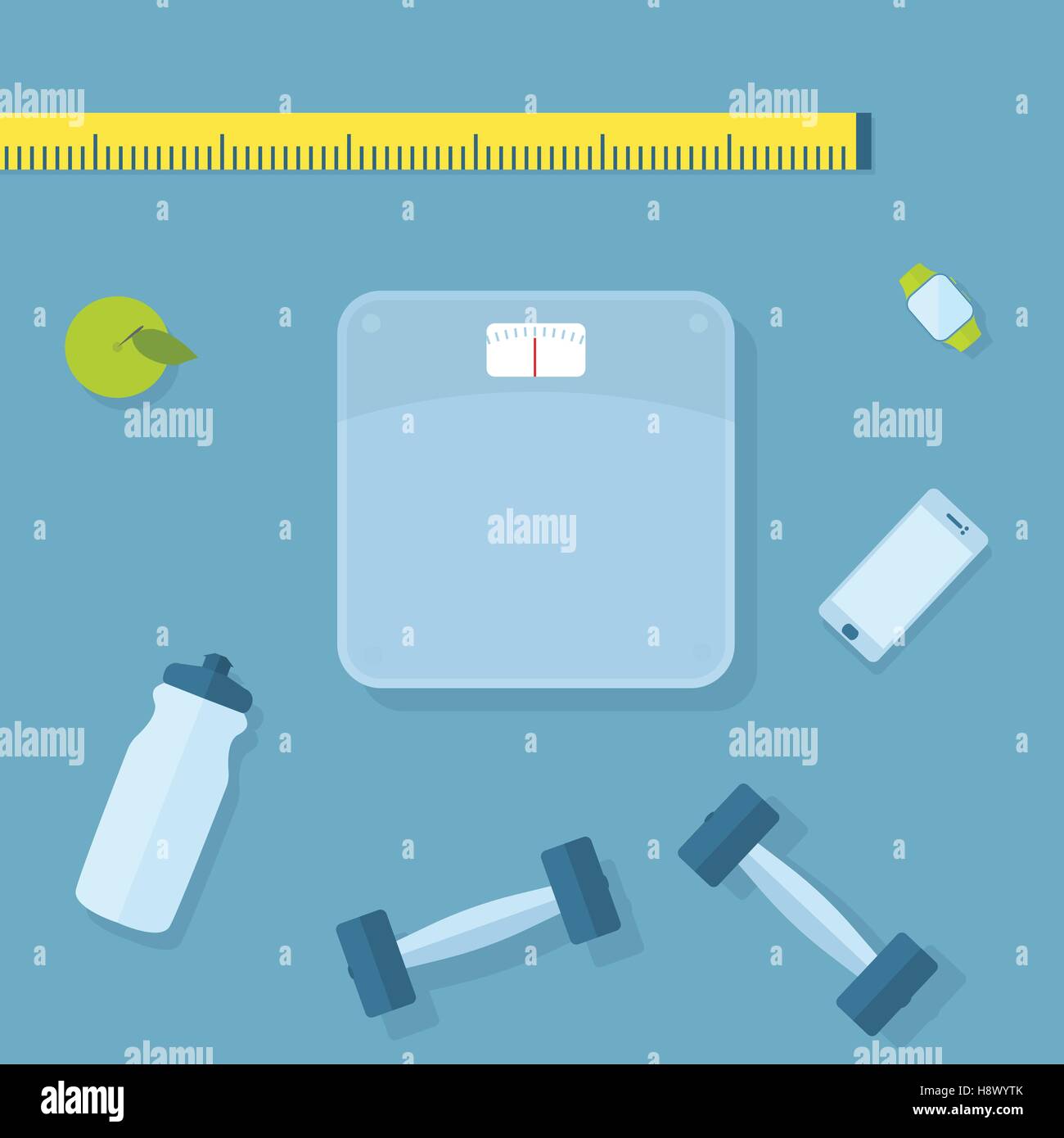 Set di elementi di fitness. Bilance, pesi, smart-phone, sport watch, acqua in bottiglia e Apple. Illustrazione Vettoriale