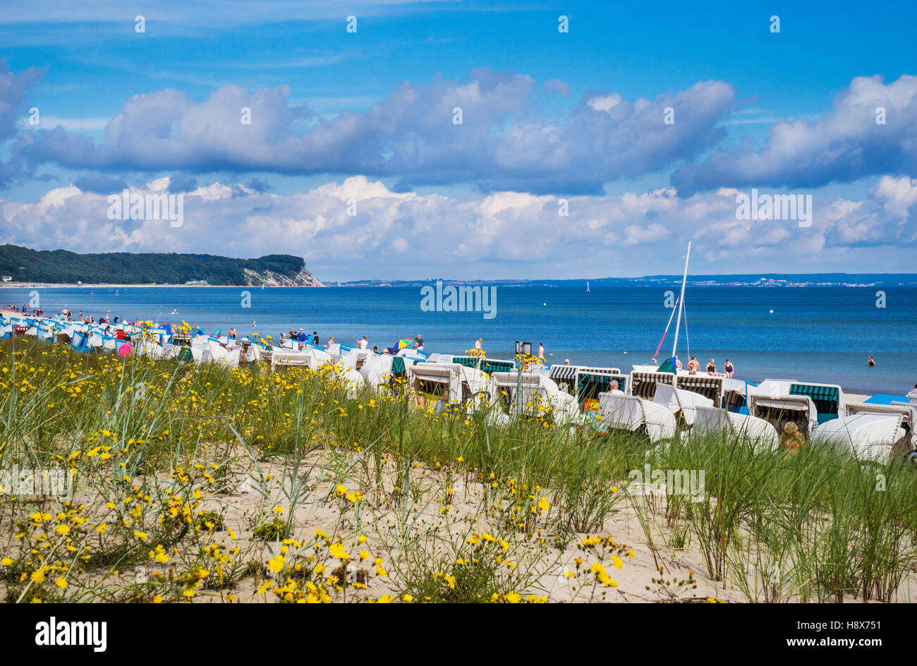 Strandkörbe (incappucciati sedie da spiaggia) sulla spiaggia del Mar Baltico resort Göhren, Rügen, Meclenburgo-Pomerania Occidentale, Germania Foto Stock