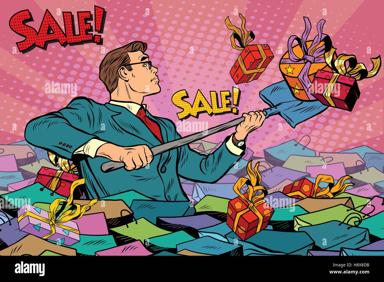 Imprenditore e la stagione delle vendite, retrò uomo Illustrazione Vettoriale