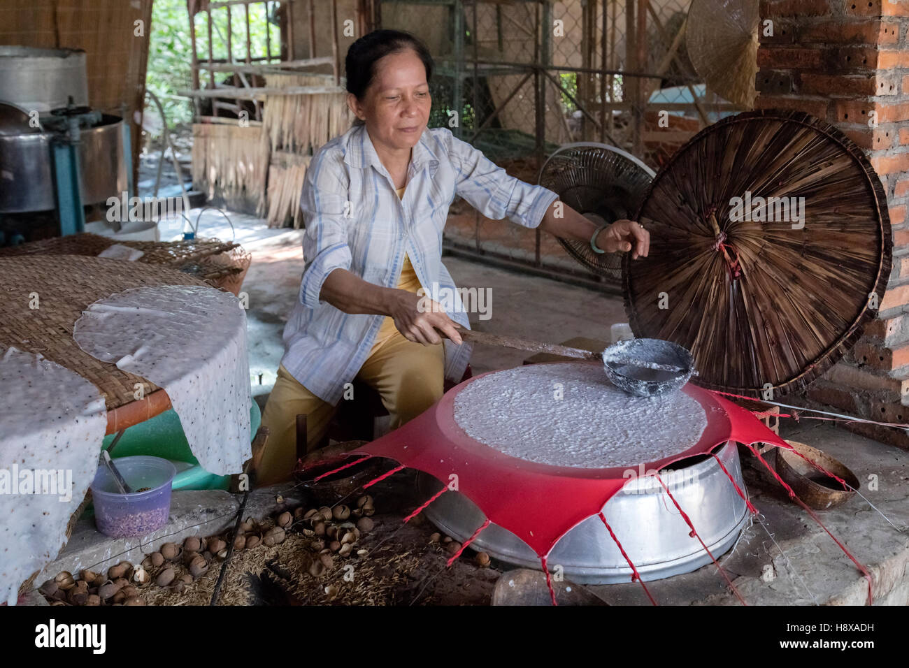 Donna preparazione di riso tagliatelle in Cai Be, il Delta del Mekong, Vietnam Asia Foto Stock