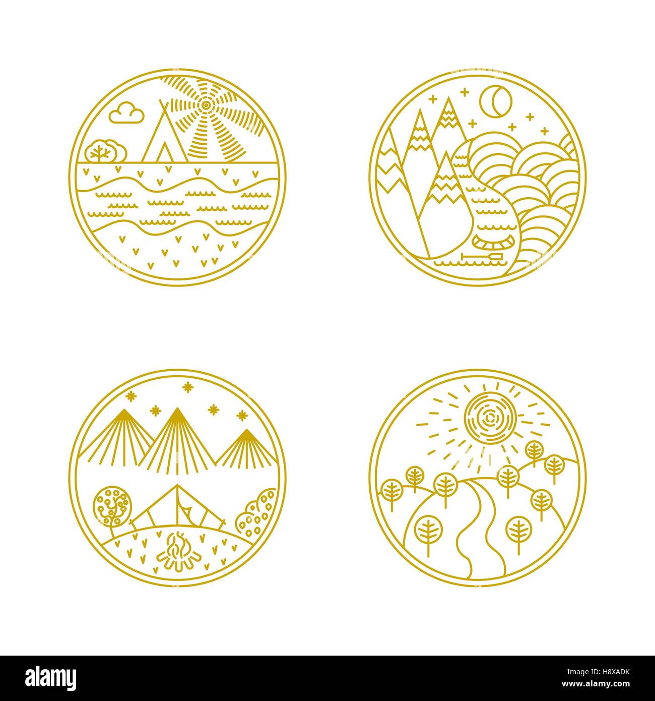 Vettore badge lineare e logo design elementi con paesaggi, natura e campeggio - le etichette rotonde Illustrazione Vettoriale