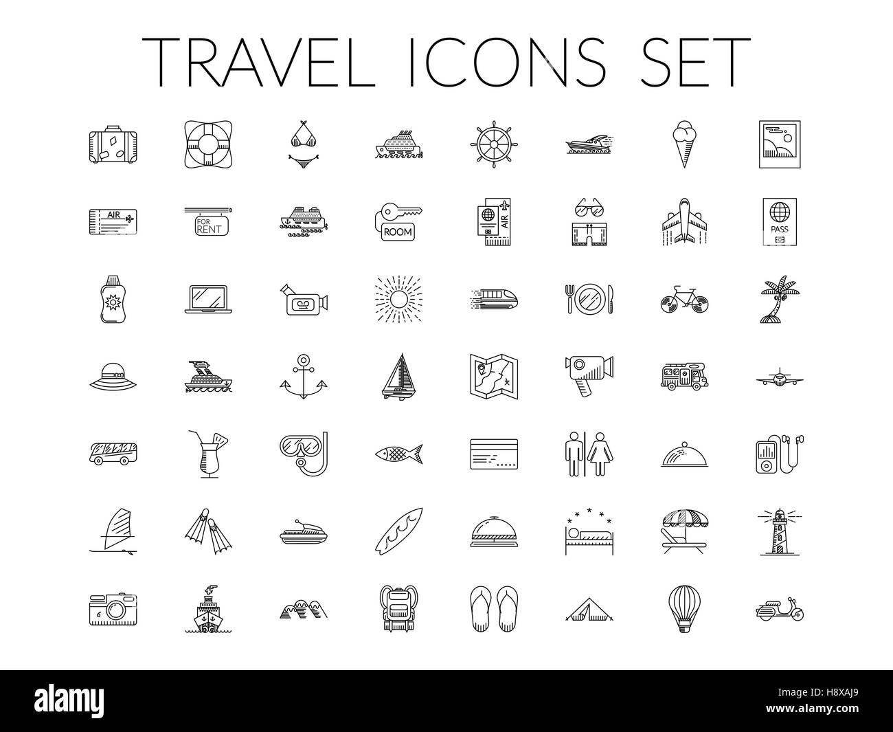 Viaggio set di icone. Vacanze estive Vacanze e viaggi oggetti. Infografico moderno vettore pittogramma del logo concetto di raccolta. Lo stile della linea. Illustrazione Vettoriale