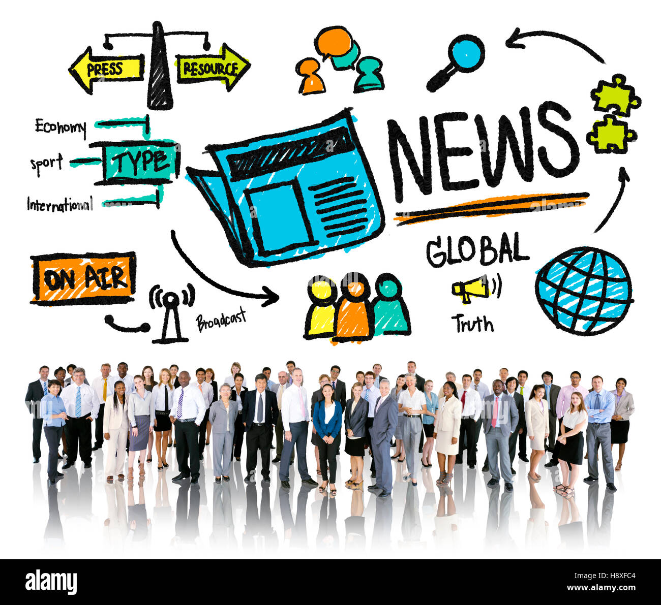 News Il giornalismo informazioni Aggiornamento Pubblicazione Media concetto pubblicitario Foto Stock