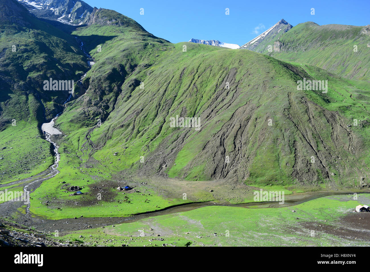 Himalaya montagne nella valle del Kashmir congelati flussi himalayano e riempito di neve top colline tented case e kashmir cavalli Foto Stock