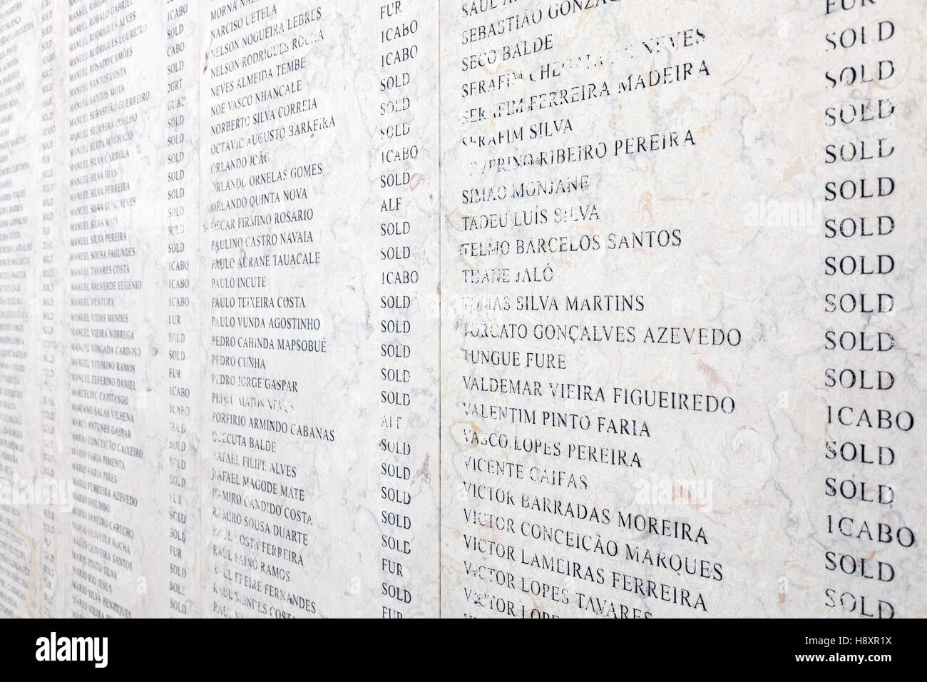 Nomi dei militari portoghesi caduti in Africa guerra coloniale (1961-1974). Monumento aos Combatentes do Ultramar. Foto Stock