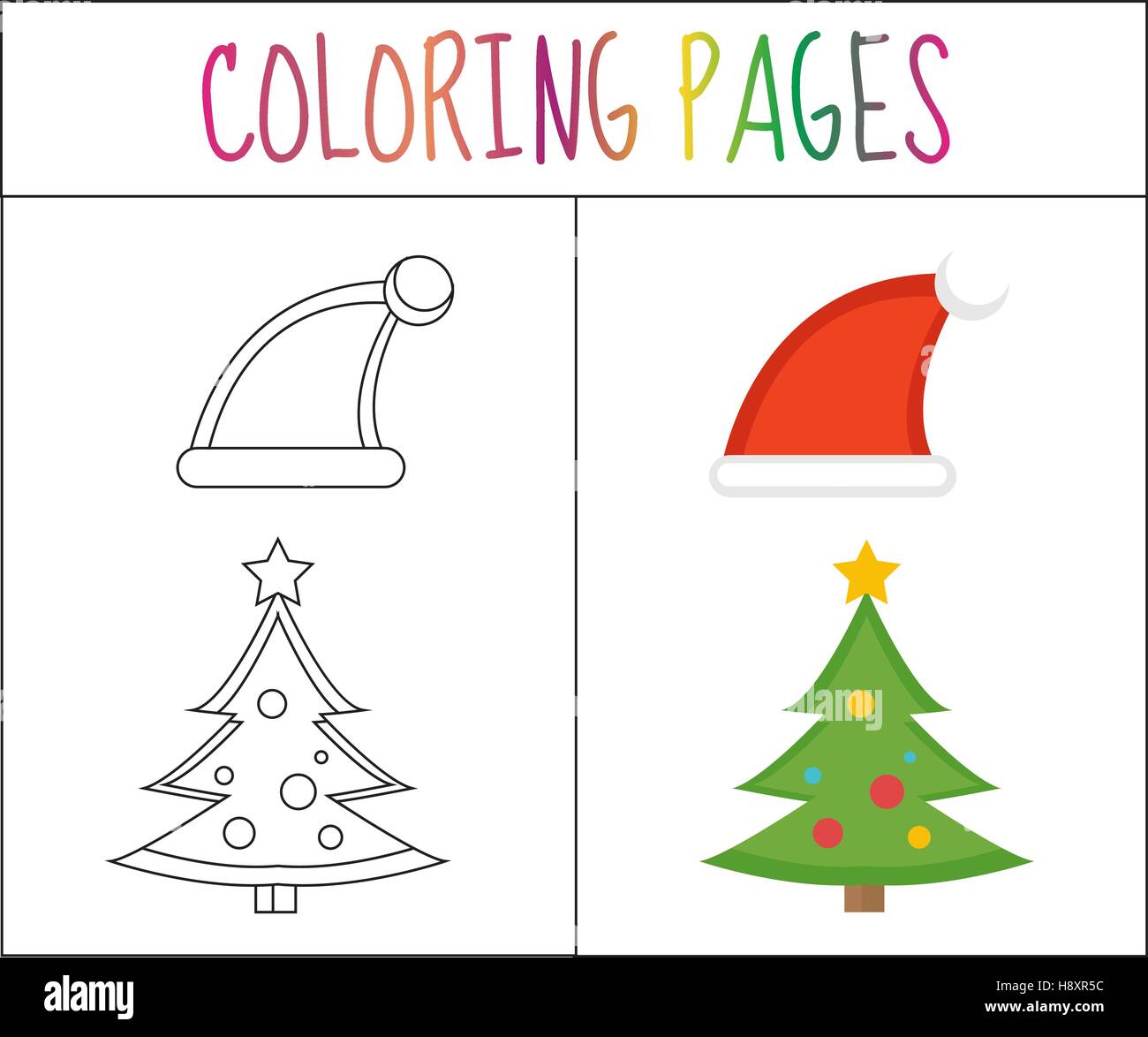 Libro da colorare pagina. Natale, cappelli di Babbo Natale e albero.  Schizzo versione a colori. per i bambini. Illustrazione Vettoriale Immagine  e Vettoriale - Alamy
