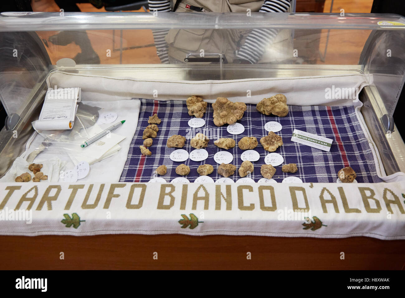 Grandi e piccoli tartufi bianchi in vendita durante il Bianco di Alba Fiera del Tartufo di Alba, Italia Foto Stock
